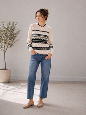 Dex Black & Cream Fair Isle Knit Sweater Boho Cozy